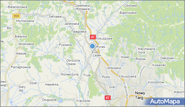 mapa Lasek, Lasek gmina Nowy Targ na mapie Targeo